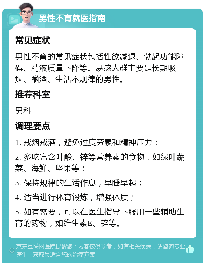 男性不育就医指南 常见症状 男性不育的常见症状包括性欲减退、勃起功能障碍、精液质量下降等。易感人群主要是长期吸烟、酗酒、生活不规律的男性。 推荐科室 男科 调理要点 1. 戒烟戒酒，避免过度劳累和精神压力； 2. 多吃富含叶酸、锌等营养素的食物，如绿叶蔬菜、海鲜、坚果等； 3. 保持规律的生活作息，早睡早起； 4. 适当进行体育锻炼，增强体质； 5. 如有需要，可以在医生指导下服用一些辅助生育的药物，如维生素E、锌等。