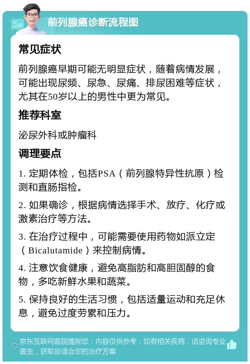 前列腺癌诊断流程图 常见症状 前列腺癌早期可能无明显症状，随着病情发展，可能出现尿频、尿急、尿痛、排尿困难等症状，尤其在50岁以上的男性中更为常见。 推荐科室 泌尿外科或肿瘤科 调理要点 1. 定期体检，包括PSA（前列腺特异性抗原）检测和直肠指检。 2. 如果确诊，根据病情选择手术、放疗、化疗或激素治疗等方法。 3. 在治疗过程中，可能需要使用药物如派立定（Bicalutamide）来控制病情。 4. 注意饮食健康，避免高脂肪和高胆固醇的食物，多吃新鲜水果和蔬菜。 5. 保持良好的生活习惯，包括适量运动和充足休息，避免过度劳累和压力。