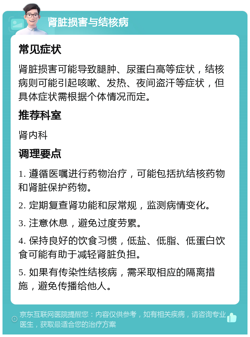 肾脏损害与结核病 常见症状 肾脏损害可能导致腿肿、尿蛋白高等症状，结核病则可能引起咳嗽、发热、夜间盗汗等症状，但具体症状需根据个体情况而定。 推荐科室 肾内科 调理要点 1. 遵循医嘱进行药物治疗，可能包括抗结核药物和肾脏保护药物。 2. 定期复查肾功能和尿常规，监测病情变化。 3. 注意休息，避免过度劳累。 4. 保持良好的饮食习惯，低盐、低脂、低蛋白饮食可能有助于减轻肾脏负担。 5. 如果有传染性结核病，需采取相应的隔离措施，避免传播给他人。