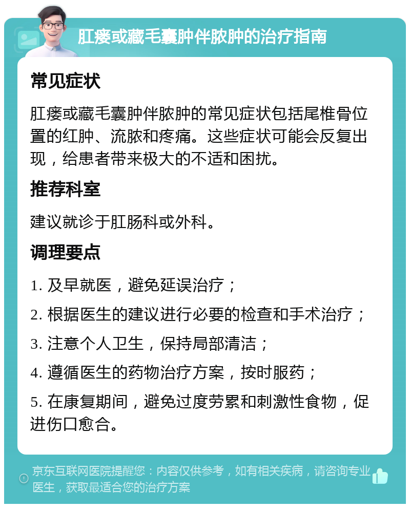 肛瘘或藏毛囊肿伴脓肿的治疗指南 常见症状 肛瘘或藏毛囊肿伴脓肿的常见症状包括尾椎骨位置的红肿、流脓和疼痛。这些症状可能会反复出现，给患者带来极大的不适和困扰。 推荐科室 建议就诊于肛肠科或外科。 调理要点 1. 及早就医，避免延误治疗； 2. 根据医生的建议进行必要的检查和手术治疗； 3. 注意个人卫生，保持局部清洁； 4. 遵循医生的药物治疗方案，按时服药； 5. 在康复期间，避免过度劳累和刺激性食物，促进伤口愈合。