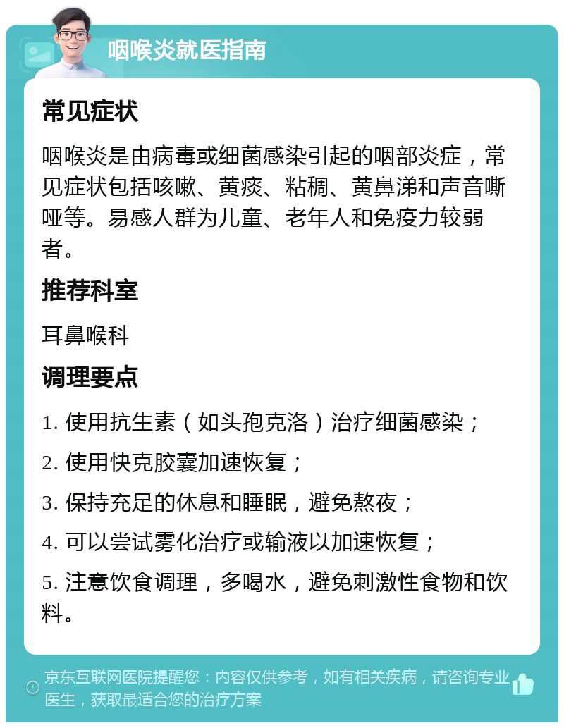 咽喉炎就医指南 常见症状 咽喉炎是由病毒或细菌感染引起的咽部炎症，常见症状包括咳嗽、黄痰、粘稠、黄鼻涕和声音嘶哑等。易感人群为儿童、老年人和免疫力较弱者。 推荐科室 耳鼻喉科 调理要点 1. 使用抗生素（如头孢克洛）治疗细菌感染； 2. 使用快克胶囊加速恢复； 3. 保持充足的休息和睡眠，避免熬夜； 4. 可以尝试雾化治疗或输液以加速恢复； 5. 注意饮食调理，多喝水，避免刺激性食物和饮料。