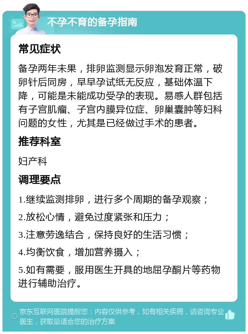 不孕不育的备孕指南 常见症状 备孕两年未果，排卵监测显示卵泡发育正常，破卵针后同房，早早孕试纸无反应，基础体温下降，可能是未能成功受孕的表现。易感人群包括有子宫肌瘤、子宫内膜异位症、卵巢囊肿等妇科问题的女性，尤其是已经做过手术的患者。 推荐科室 妇产科 调理要点 1.继续监测排卵，进行多个周期的备孕观察； 2.放松心情，避免过度紧张和压力； 3.注意劳逸结合，保持良好的生活习惯； 4.均衡饮食，增加营养摄入； 5.如有需要，服用医生开具的地屈孕酮片等药物进行辅助治疗。