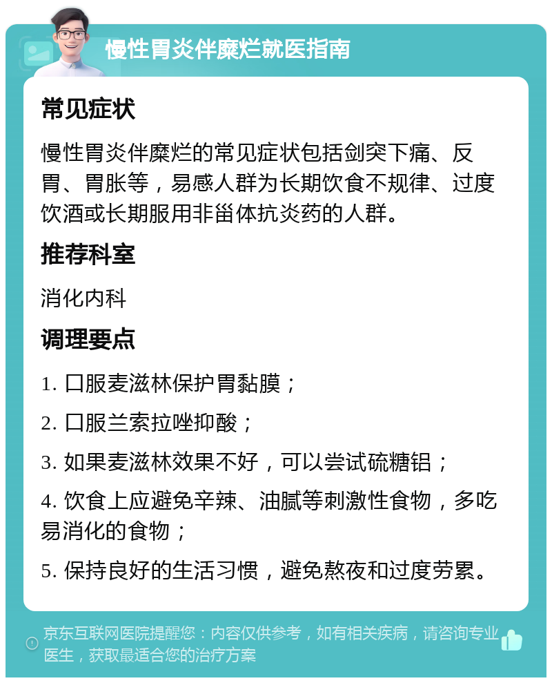 慢性胃炎伴糜烂就医指南 常见症状 慢性胃炎伴糜烂的常见症状包括剑突下痛、反胃、胃胀等，易感人群为长期饮食不规律、过度饮酒或长期服用非甾体抗炎药的人群。 推荐科室 消化内科 调理要点 1. 口服麦滋林保护胃黏膜； 2. 口服兰索拉唑抑酸； 3. 如果麦滋林效果不好，可以尝试硫糖铝； 4. 饮食上应避免辛辣、油腻等刺激性食物，多吃易消化的食物； 5. 保持良好的生活习惯，避免熬夜和过度劳累。