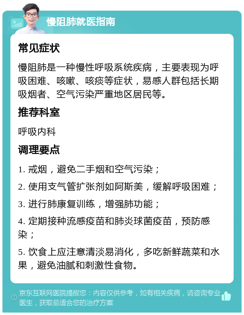 慢阻肺就医指南 常见症状 慢阻肺是一种慢性呼吸系统疾病，主要表现为呼吸困难、咳嗽、咳痰等症状，易感人群包括长期吸烟者、空气污染严重地区居民等。 推荐科室 呼吸内科 调理要点 1. 戒烟，避免二手烟和空气污染； 2. 使用支气管扩张剂如阿斯美，缓解呼吸困难； 3. 进行肺康复训练，增强肺功能； 4. 定期接种流感疫苗和肺炎球菌疫苗，预防感染； 5. 饮食上应注意清淡易消化，多吃新鲜蔬菜和水果，避免油腻和刺激性食物。