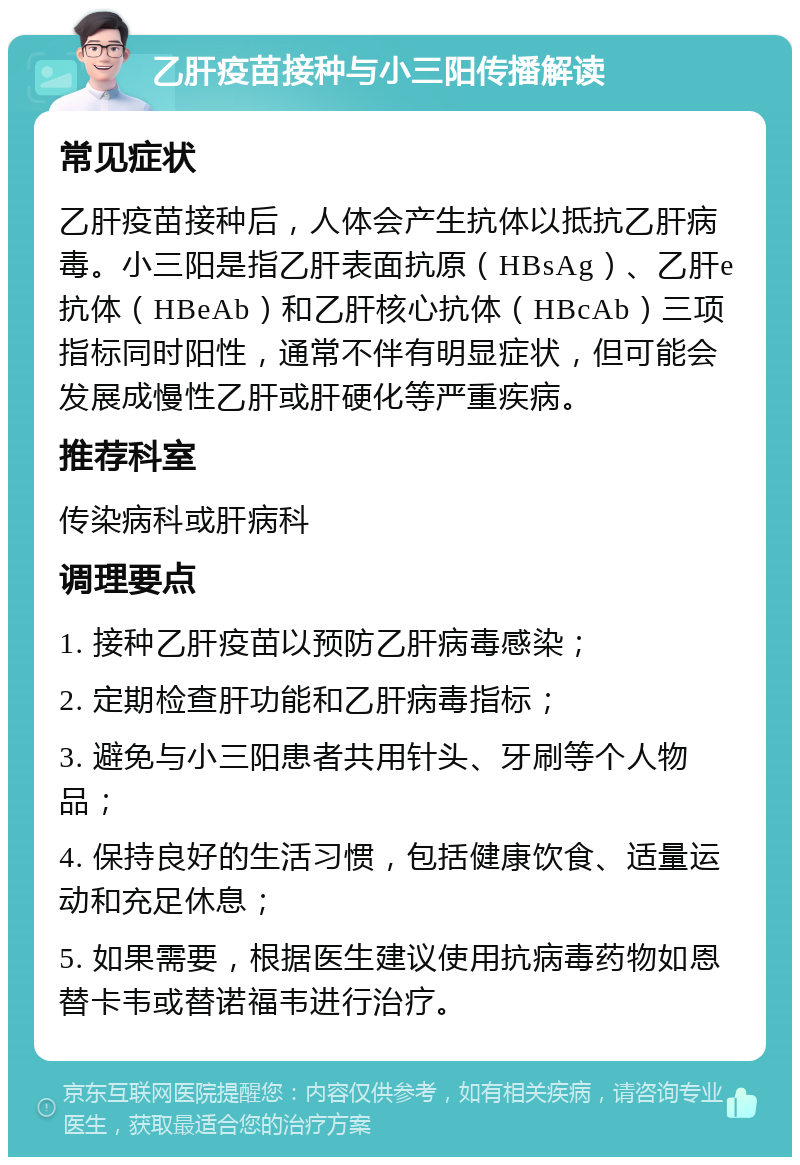 乙肝疫苗接种与小三阳传播解读 常见症状 乙肝疫苗接种后，人体会产生抗体以抵抗乙肝病毒。小三阳是指乙肝表面抗原（HBsAg）、乙肝e抗体（HBeAb）和乙肝核心抗体（HBcAb）三项指标同时阳性，通常不伴有明显症状，但可能会发展成慢性乙肝或肝硬化等严重疾病。 推荐科室 传染病科或肝病科 调理要点 1. 接种乙肝疫苗以预防乙肝病毒感染； 2. 定期检查肝功能和乙肝病毒指标； 3. 避免与小三阳患者共用针头、牙刷等个人物品； 4. 保持良好的生活习惯，包括健康饮食、适量运动和充足休息； 5. 如果需要，根据医生建议使用抗病毒药物如恩替卡韦或替诺福韦进行治疗。