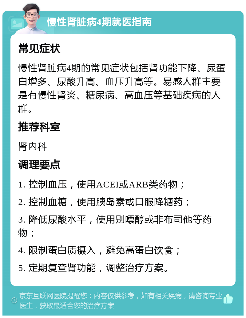 慢性肾脏病4期就医指南 常见症状 慢性肾脏病4期的常见症状包括肾功能下降、尿蛋白增多、尿酸升高、血压升高等。易感人群主要是有慢性肾炎、糖尿病、高血压等基础疾病的人群。 推荐科室 肾内科 调理要点 1. 控制血压，使用ACEI或ARB类药物； 2. 控制血糖，使用胰岛素或口服降糖药； 3. 降低尿酸水平，使用别嘌醇或非布司他等药物； 4. 限制蛋白质摄入，避免高蛋白饮食； 5. 定期复查肾功能，调整治疗方案。