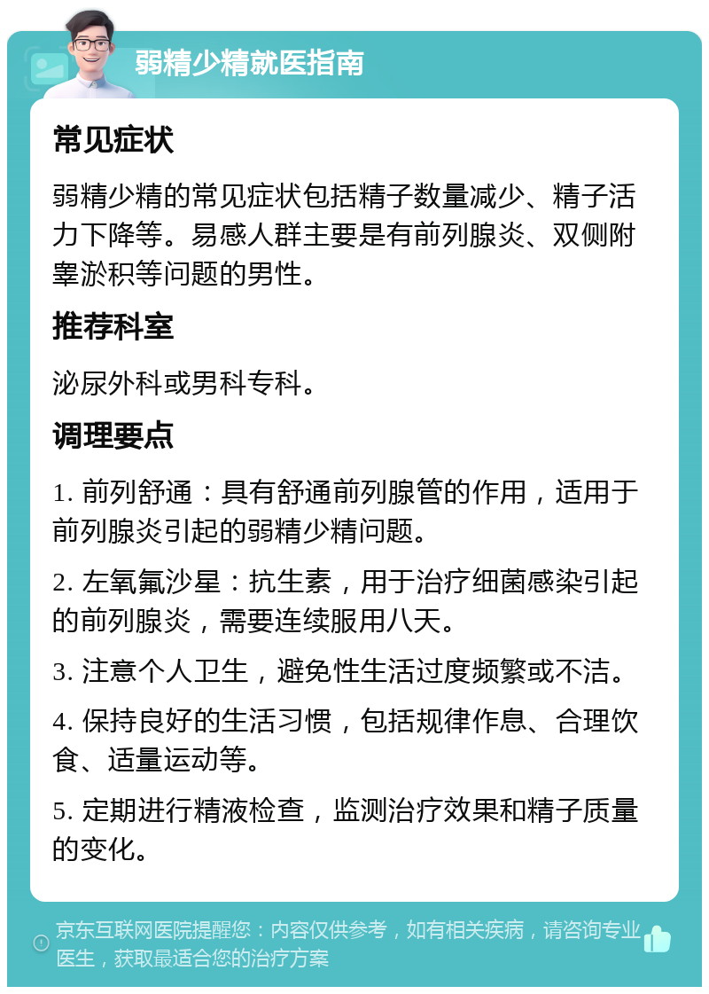 弱精少精就医指南 常见症状 弱精少精的常见症状包括精子数量减少、精子活力下降等。易感人群主要是有前列腺炎、双侧附睾淤积等问题的男性。 推荐科室 泌尿外科或男科专科。 调理要点 1. 前列舒通：具有舒通前列腺管的作用，适用于前列腺炎引起的弱精少精问题。 2. 左氧氟沙星：抗生素，用于治疗细菌感染引起的前列腺炎，需要连续服用八天。 3. 注意个人卫生，避免性生活过度频繁或不洁。 4. 保持良好的生活习惯，包括规律作息、合理饮食、适量运动等。 5. 定期进行精液检查，监测治疗效果和精子质量的变化。