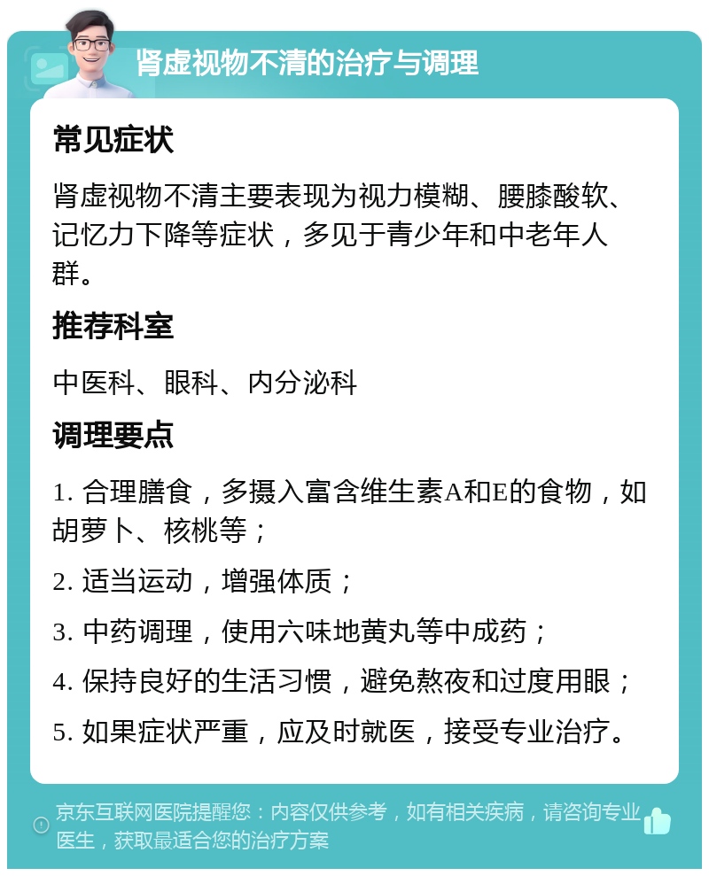 肾虚视物不清的治疗与调理 常见症状 肾虚视物不清主要表现为视力模糊、腰膝酸软、记忆力下降等症状，多见于青少年和中老年人群。 推荐科室 中医科、眼科、内分泌科 调理要点 1. 合理膳食，多摄入富含维生素A和E的食物，如胡萝卜、核桃等； 2. 适当运动，增强体质； 3. 中药调理，使用六味地黄丸等中成药； 4. 保持良好的生活习惯，避免熬夜和过度用眼； 5. 如果症状严重，应及时就医，接受专业治疗。