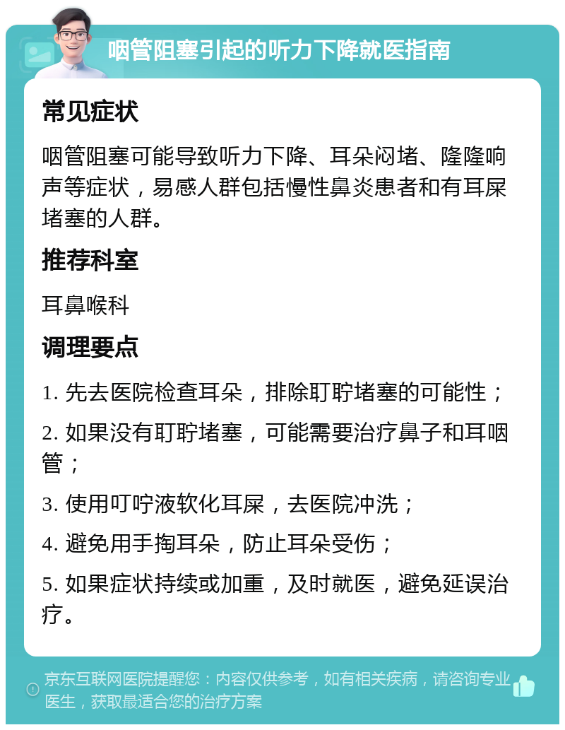 咽管阻塞引起的听力下降就医指南 常见症状 咽管阻塞可能导致听力下降、耳朵闷堵、隆隆响声等症状，易感人群包括慢性鼻炎患者和有耳屎堵塞的人群。 推荐科室 耳鼻喉科 调理要点 1. 先去医院检查耳朵，排除耵聍堵塞的可能性； 2. 如果没有耵聍堵塞，可能需要治疗鼻子和耳咽管； 3. 使用叮咛液软化耳屎，去医院冲洗； 4. 避免用手掏耳朵，防止耳朵受伤； 5. 如果症状持续或加重，及时就医，避免延误治疗。