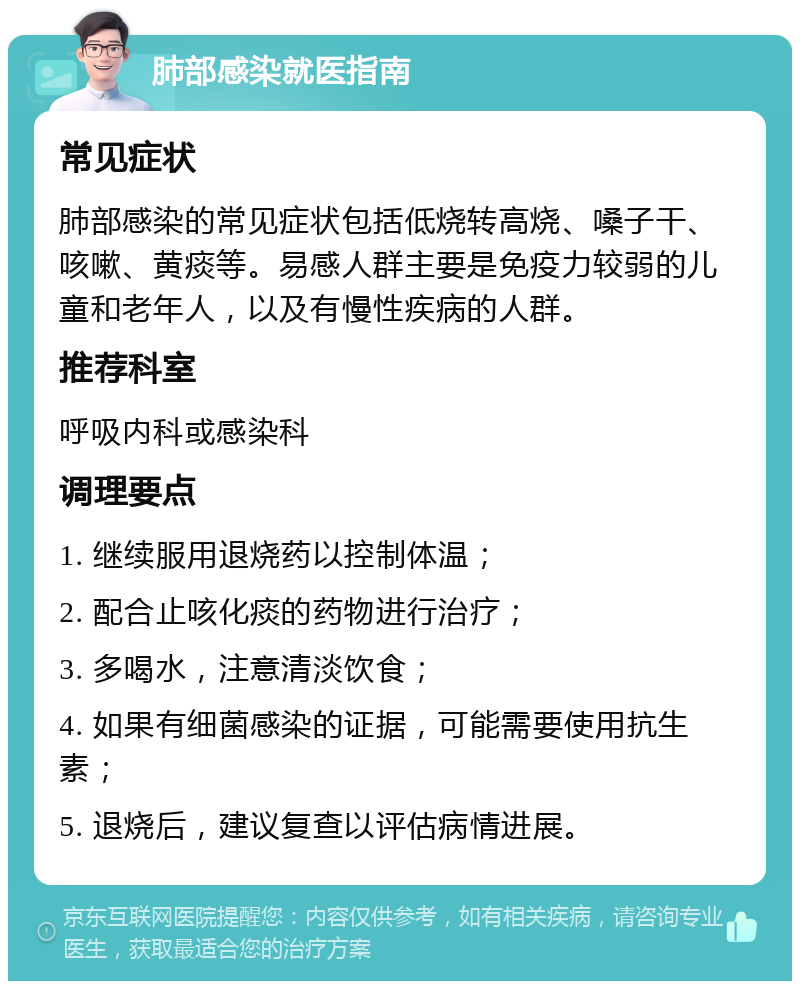 肺部感染就医指南 常见症状 肺部感染的常见症状包括低烧转高烧、嗓子干、咳嗽、黄痰等。易感人群主要是免疫力较弱的儿童和老年人，以及有慢性疾病的人群。 推荐科室 呼吸内科或感染科 调理要点 1. 继续服用退烧药以控制体温； 2. 配合止咳化痰的药物进行治疗； 3. 多喝水，注意清淡饮食； 4. 如果有细菌感染的证据，可能需要使用抗生素； 5. 退烧后，建议复查以评估病情进展。