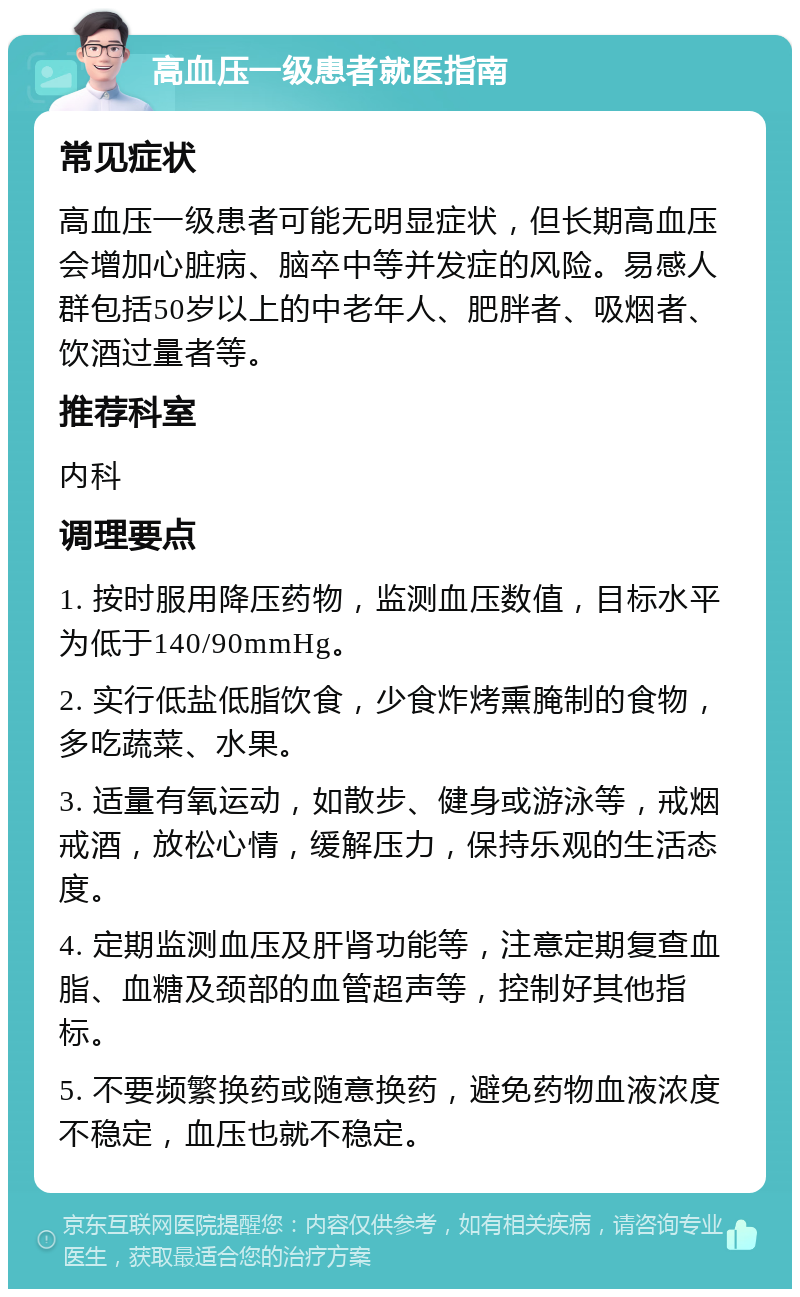 高血压一级患者就医指南 常见症状 高血压一级患者可能无明显症状，但长期高血压会增加心脏病、脑卒中等并发症的风险。易感人群包括50岁以上的中老年人、肥胖者、吸烟者、饮酒过量者等。 推荐科室 内科 调理要点 1. 按时服用降压药物，监测血压数值，目标水平为低于140/90mmHg。 2. 实行低盐低脂饮食，少食炸烤熏腌制的食物，多吃蔬菜、水果。 3. 适量有氧运动，如散步、健身或游泳等，戒烟戒酒，放松心情，缓解压力，保持乐观的生活态度。 4. 定期监测血压及肝肾功能等，注意定期复查血脂、血糖及颈部的血管超声等，控制好其他指标。 5. 不要频繁换药或随意换药，避免药物血液浓度不稳定，血压也就不稳定。