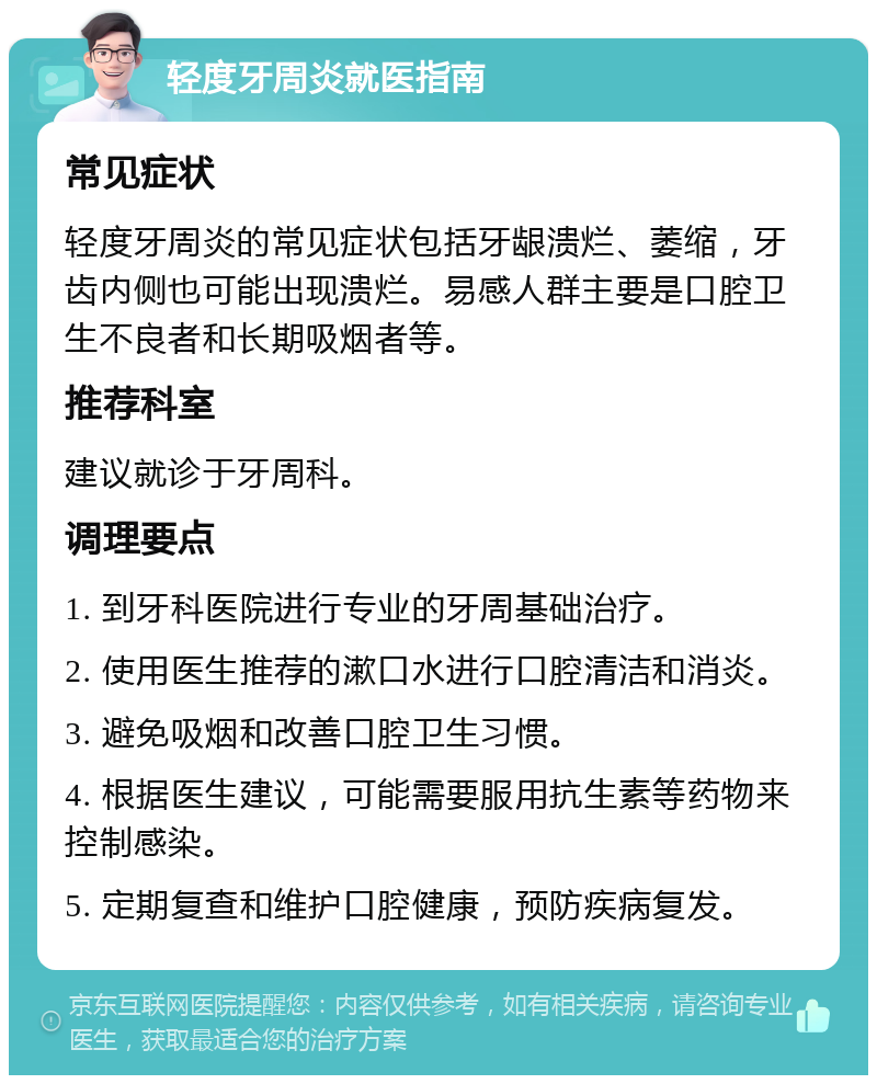 轻度牙周炎就医指南 常见症状 轻度牙周炎的常见症状包括牙龈溃烂、萎缩，牙齿内侧也可能出现溃烂。易感人群主要是口腔卫生不良者和长期吸烟者等。 推荐科室 建议就诊于牙周科。 调理要点 1. 到牙科医院进行专业的牙周基础治疗。 2. 使用医生推荐的漱口水进行口腔清洁和消炎。 3. 避免吸烟和改善口腔卫生习惯。 4. 根据医生建议，可能需要服用抗生素等药物来控制感染。 5. 定期复查和维护口腔健康，预防疾病复发。