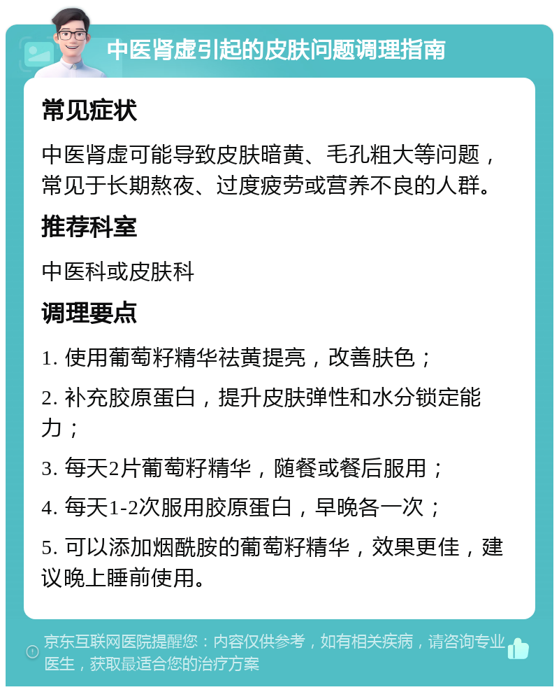 中医肾虚引起的皮肤问题调理指南 常见症状 中医肾虚可能导致皮肤暗黄、毛孔粗大等问题，常见于长期熬夜、过度疲劳或营养不良的人群。 推荐科室 中医科或皮肤科 调理要点 1. 使用葡萄籽精华祛黄提亮，改善肤色； 2. 补充胶原蛋白，提升皮肤弹性和水分锁定能力； 3. 每天2片葡萄籽精华，随餐或餐后服用； 4. 每天1-2次服用胶原蛋白，早晚各一次； 5. 可以添加烟酰胺的葡萄籽精华，效果更佳，建议晚上睡前使用。