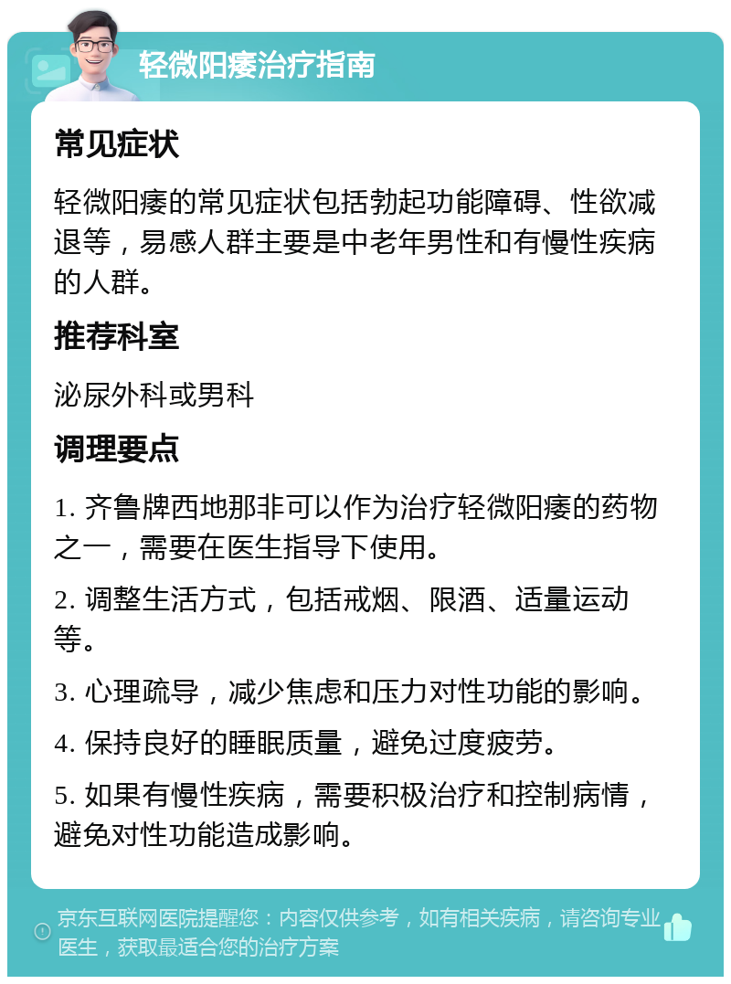 轻微阳痿治疗指南 常见症状 轻微阳痿的常见症状包括勃起功能障碍、性欲减退等，易感人群主要是中老年男性和有慢性疾病的人群。 推荐科室 泌尿外科或男科 调理要点 1. 齐鲁牌西地那非可以作为治疗轻微阳痿的药物之一，需要在医生指导下使用。 2. 调整生活方式，包括戒烟、限酒、适量运动等。 3. 心理疏导，减少焦虑和压力对性功能的影响。 4. 保持良好的睡眠质量，避免过度疲劳。 5. 如果有慢性疾病，需要积极治疗和控制病情，避免对性功能造成影响。