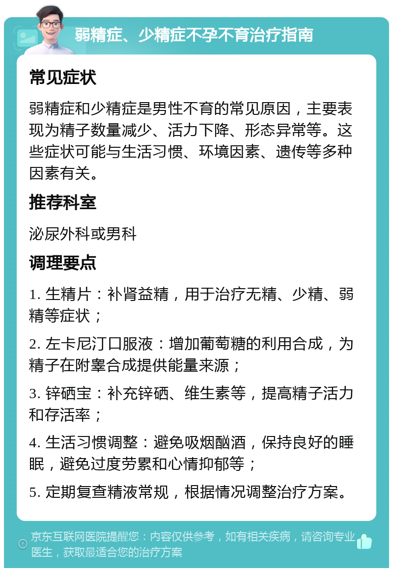 弱精症、少精症不孕不育治疗指南 常见症状 弱精症和少精症是男性不育的常见原因，主要表现为精子数量减少、活力下降、形态异常等。这些症状可能与生活习惯、环境因素、遗传等多种因素有关。 推荐科室 泌尿外科或男科 调理要点 1. 生精片：补肾益精，用于治疗无精、少精、弱精等症状； 2. 左卡尼汀口服液：增加葡萄糖的利用合成，为精子在附睾合成提供能量来源； 3. 锌硒宝：补充锌硒、维生素等，提高精子活力和存活率； 4. 生活习惯调整：避免吸烟酗酒，保持良好的睡眠，避免过度劳累和心情抑郁等； 5. 定期复查精液常规，根据情况调整治疗方案。