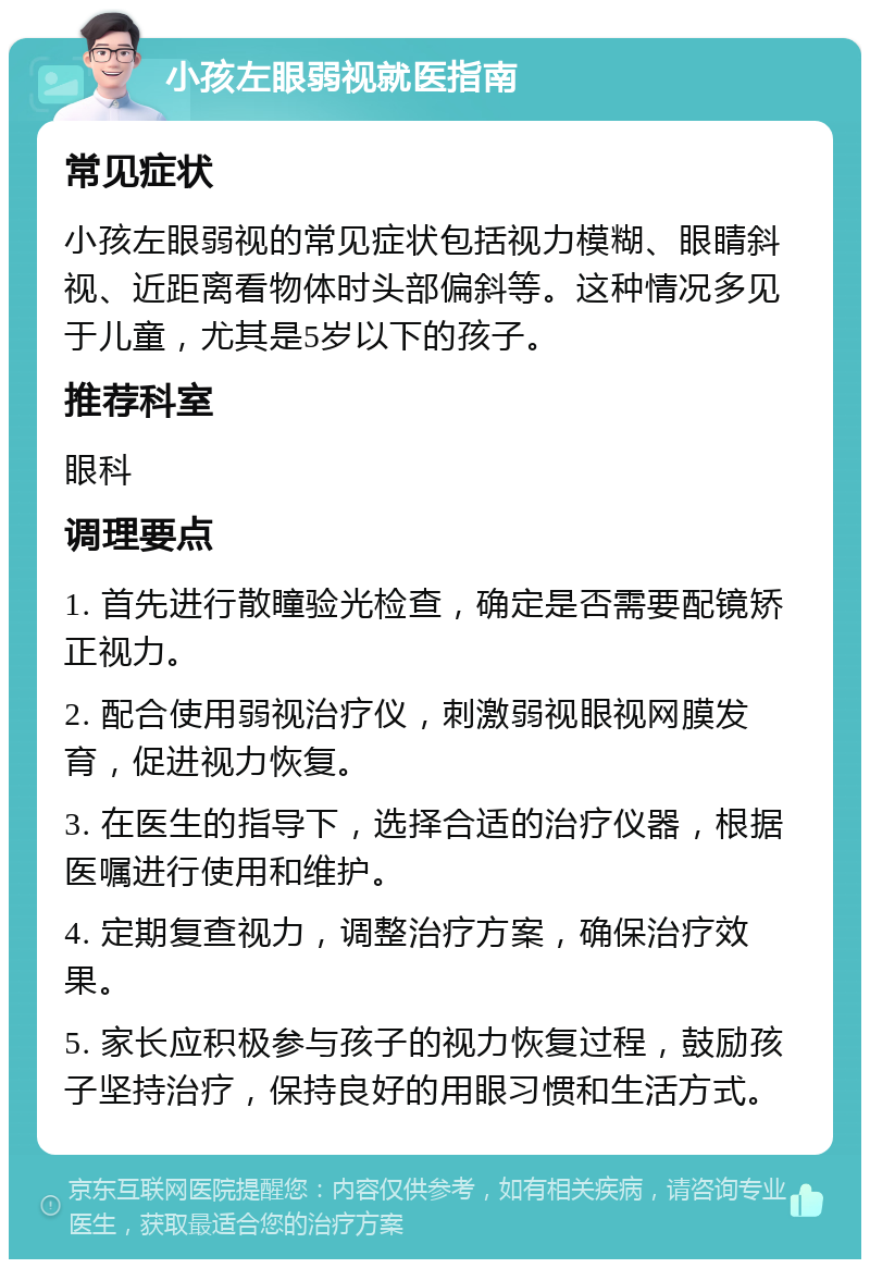 小孩左眼弱视就医指南 常见症状 小孩左眼弱视的常见症状包括视力模糊、眼睛斜视、近距离看物体时头部偏斜等。这种情况多见于儿童，尤其是5岁以下的孩子。 推荐科室 眼科 调理要点 1. 首先进行散瞳验光检查，确定是否需要配镜矫正视力。 2. 配合使用弱视治疗仪，刺激弱视眼视网膜发育，促进视力恢复。 3. 在医生的指导下，选择合适的治疗仪器，根据医嘱进行使用和维护。 4. 定期复查视力，调整治疗方案，确保治疗效果。 5. 家长应积极参与孩子的视力恢复过程，鼓励孩子坚持治疗，保持良好的用眼习惯和生活方式。