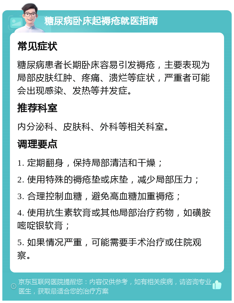 糖尿病卧床起褥疮就医指南 常见症状 糖尿病患者长期卧床容易引发褥疮，主要表现为局部皮肤红肿、疼痛、溃烂等症状，严重者可能会出现感染、发热等并发症。 推荐科室 内分泌科、皮肤科、外科等相关科室。 调理要点 1. 定期翻身，保持局部清洁和干燥； 2. 使用特殊的褥疮垫或床垫，减少局部压力； 3. 合理控制血糖，避免高血糖加重褥疮； 4. 使用抗生素软膏或其他局部治疗药物，如磺胺嘧啶银软膏； 5. 如果情况严重，可能需要手术治疗或住院观察。