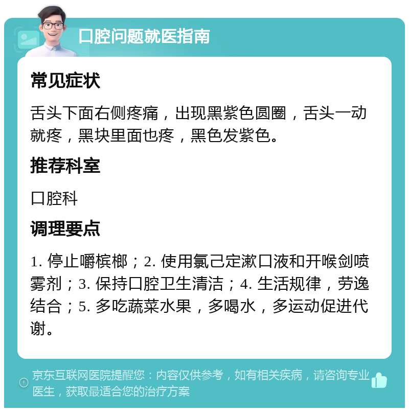 口腔问题就医指南 常见症状 舌头下面右侧疼痛，出现黑紫色圆圈，舌头一动就疼，黑块里面也疼，黑色发紫色。 推荐科室 口腔科 调理要点 1. 停止嚼槟榔；2. 使用氯己定漱口液和开喉剑喷雾剂；3. 保持口腔卫生清洁；4. 生活规律，劳逸结合；5. 多吃蔬菜水果，多喝水，多运动促进代谢。