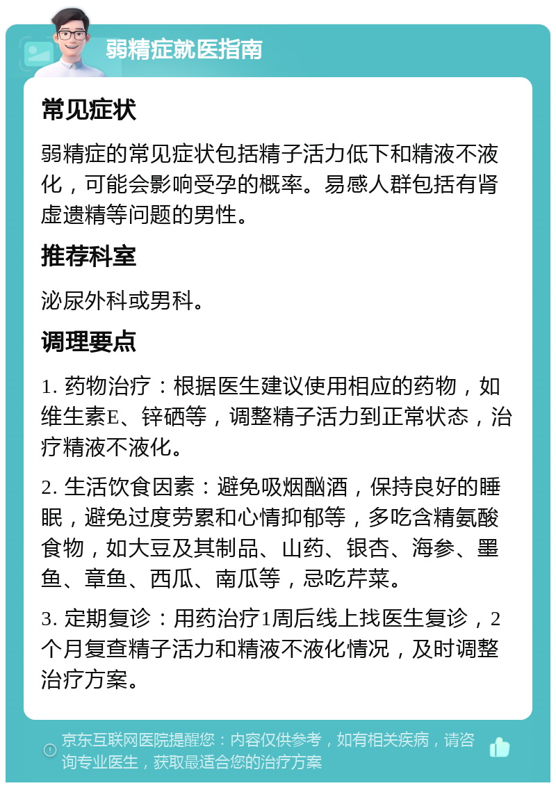 弱精症就医指南 常见症状 弱精症的常见症状包括精子活力低下和精液不液化，可能会影响受孕的概率。易感人群包括有肾虚遗精等问题的男性。 推荐科室 泌尿外科或男科。 调理要点 1. 药物治疗：根据医生建议使用相应的药物，如维生素E、锌硒等，调整精子活力到正常状态，治疗精液不液化。 2. 生活饮食因素：避免吸烟酗酒，保持良好的睡眠，避免过度劳累和心情抑郁等，多吃含精氨酸食物，如大豆及其制品、山药、银杏、海参、墨鱼、章鱼、西瓜、南瓜等，忌吃芹菜。 3. 定期复诊：用药治疗1周后线上找医生复诊，2个月复查精子活力和精液不液化情况，及时调整治疗方案。