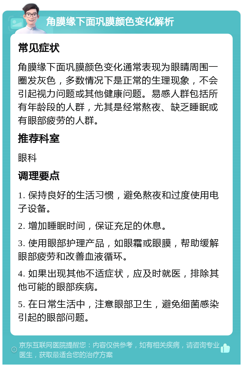 角膜缘下面巩膜颜色变化解析 常见症状 角膜缘下面巩膜颜色变化通常表现为眼睛周围一圈发灰色，多数情况下是正常的生理现象，不会引起视力问题或其他健康问题。易感人群包括所有年龄段的人群，尤其是经常熬夜、缺乏睡眠或有眼部疲劳的人群。 推荐科室 眼科 调理要点 1. 保持良好的生活习惯，避免熬夜和过度使用电子设备。 2. 增加睡眠时间，保证充足的休息。 3. 使用眼部护理产品，如眼霜或眼膜，帮助缓解眼部疲劳和改善血液循环。 4. 如果出现其他不适症状，应及时就医，排除其他可能的眼部疾病。 5. 在日常生活中，注意眼部卫生，避免细菌感染引起的眼部问题。