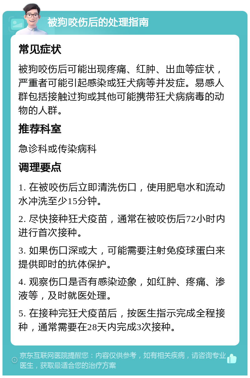 被狗咬伤后的处理指南 常见症状 被狗咬伤后可能出现疼痛、红肿、出血等症状，严重者可能引起感染或狂犬病等并发症。易感人群包括接触过狗或其他可能携带狂犬病病毒的动物的人群。 推荐科室 急诊科或传染病科 调理要点 1. 在被咬伤后立即清洗伤口，使用肥皂水和流动水冲洗至少15分钟。 2. 尽快接种狂犬疫苗，通常在被咬伤后72小时内进行首次接种。 3. 如果伤口深或大，可能需要注射免疫球蛋白来提供即时的抗体保护。 4. 观察伤口是否有感染迹象，如红肿、疼痛、渗液等，及时就医处理。 5. 在接种完狂犬疫苗后，按医生指示完成全程接种，通常需要在28天内完成3次接种。