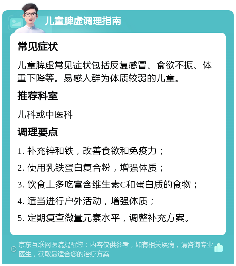 儿童脾虚调理指南 常见症状 儿童脾虚常见症状包括反复感冒、食欲不振、体重下降等。易感人群为体质较弱的儿童。 推荐科室 儿科或中医科 调理要点 1. 补充锌和铁，改善食欲和免疫力； 2. 使用乳铁蛋白复合粉，增强体质； 3. 饮食上多吃富含维生素C和蛋白质的食物； 4. 适当进行户外活动，增强体质； 5. 定期复查微量元素水平，调整补充方案。