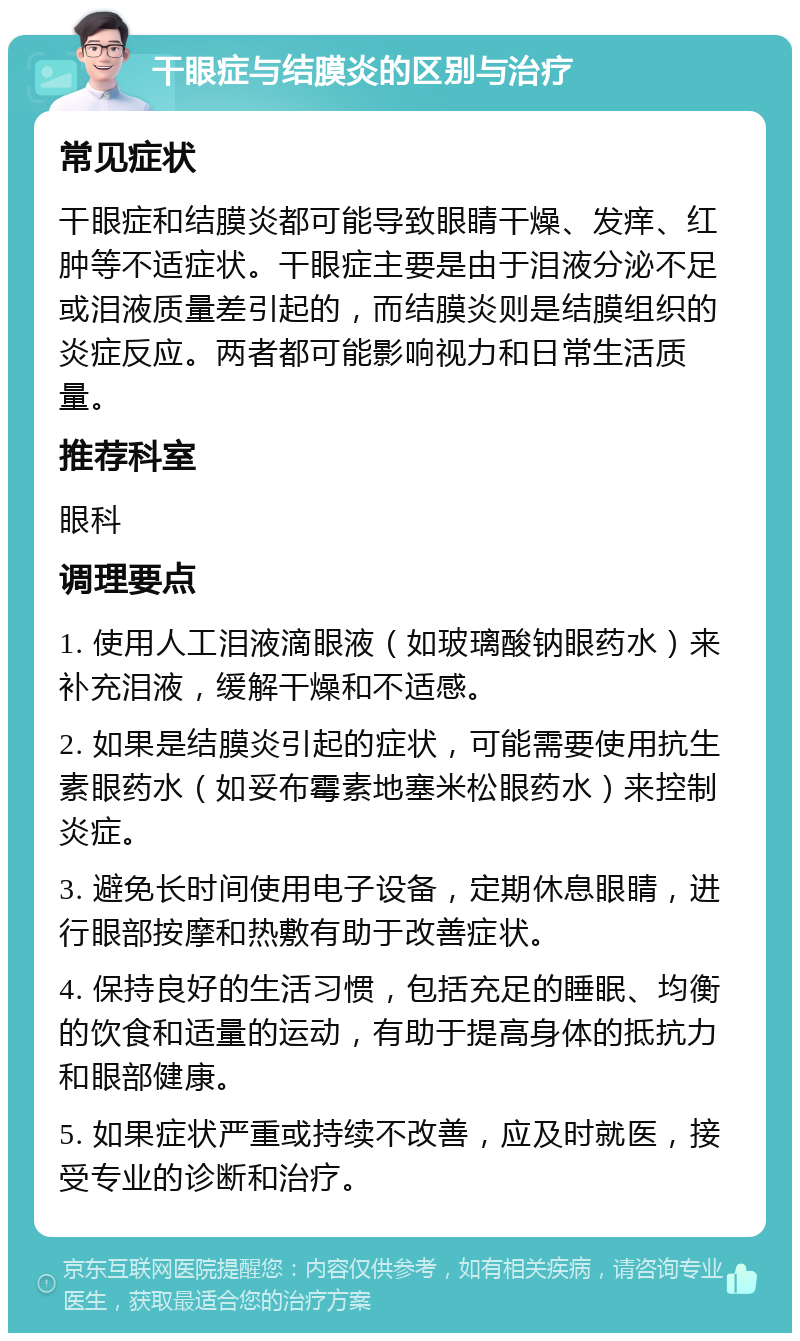 干眼症与结膜炎的区别与治疗 常见症状 干眼症和结膜炎都可能导致眼睛干燥、发痒、红肿等不适症状。干眼症主要是由于泪液分泌不足或泪液质量差引起的，而结膜炎则是结膜组织的炎症反应。两者都可能影响视力和日常生活质量。 推荐科室 眼科 调理要点 1. 使用人工泪液滴眼液（如玻璃酸钠眼药水）来补充泪液，缓解干燥和不适感。 2. 如果是结膜炎引起的症状，可能需要使用抗生素眼药水（如妥布霉素地塞米松眼药水）来控制炎症。 3. 避免长时间使用电子设备，定期休息眼睛，进行眼部按摩和热敷有助于改善症状。 4. 保持良好的生活习惯，包括充足的睡眠、均衡的饮食和适量的运动，有助于提高身体的抵抗力和眼部健康。 5. 如果症状严重或持续不改善，应及时就医，接受专业的诊断和治疗。