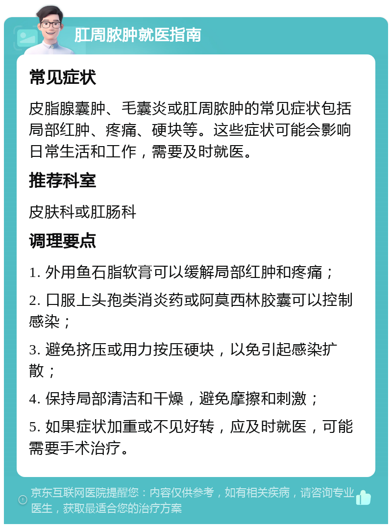 肛周脓肿就医指南 常见症状 皮脂腺囊肿、毛囊炎或肛周脓肿的常见症状包括局部红肿、疼痛、硬块等。这些症状可能会影响日常生活和工作，需要及时就医。 推荐科室 皮肤科或肛肠科 调理要点 1. 外用鱼石脂软膏可以缓解局部红肿和疼痛； 2. 口服上头孢类消炎药或阿莫西林胶囊可以控制感染； 3. 避免挤压或用力按压硬块，以免引起感染扩散； 4. 保持局部清洁和干燥，避免摩擦和刺激； 5. 如果症状加重或不见好转，应及时就医，可能需要手术治疗。