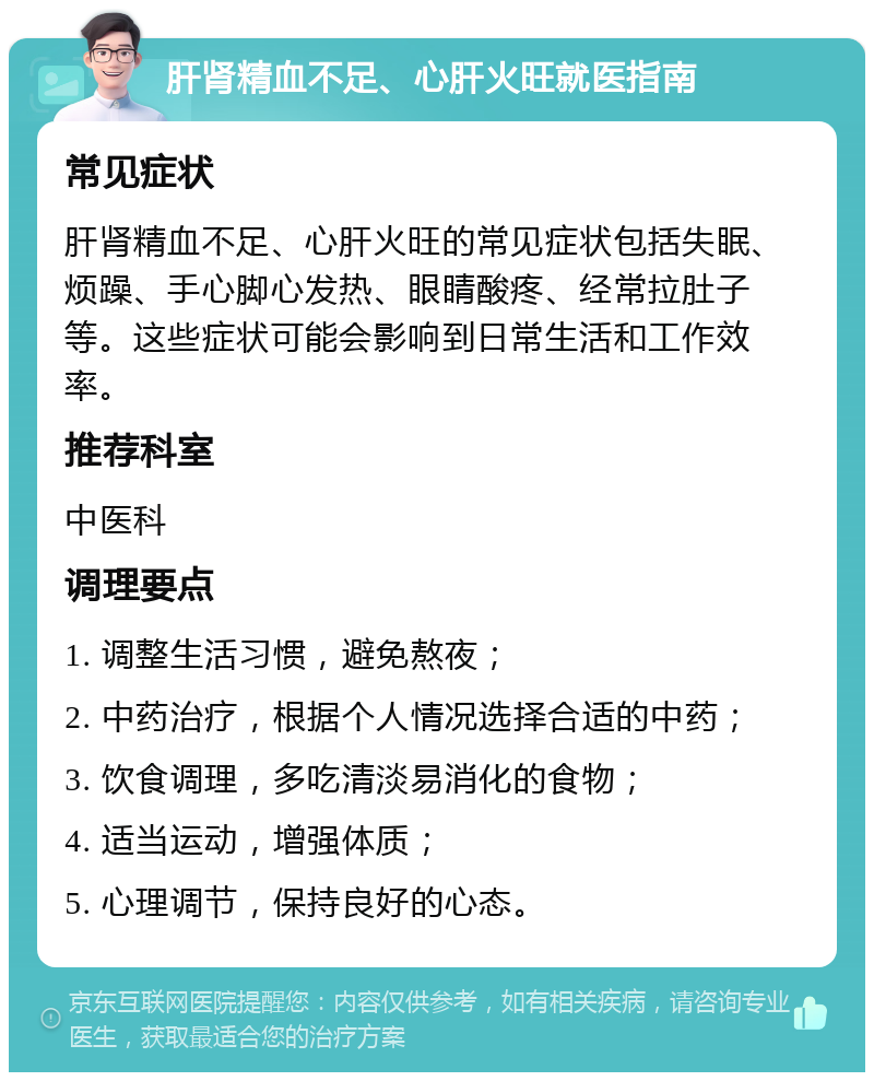 肝肾精血不足、心肝火旺就医指南 常见症状 肝肾精血不足、心肝火旺的常见症状包括失眠、烦躁、手心脚心发热、眼睛酸疼、经常拉肚子等。这些症状可能会影响到日常生活和工作效率。 推荐科室 中医科 调理要点 1. 调整生活习惯，避免熬夜； 2. 中药治疗，根据个人情况选择合适的中药； 3. 饮食调理，多吃清淡易消化的食物； 4. 适当运动，增强体质； 5. 心理调节，保持良好的心态。