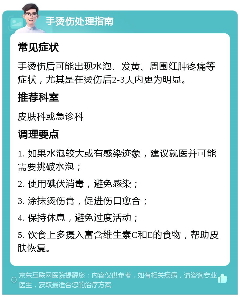 手烫伤处理指南 常见症状 手烫伤后可能出现水泡、发黄、周围红肿疼痛等症状，尤其是在烫伤后2-3天内更为明显。 推荐科室 皮肤科或急诊科 调理要点 1. 如果水泡较大或有感染迹象，建议就医并可能需要挑破水泡； 2. 使用碘伏消毒，避免感染； 3. 涂抹烫伤膏，促进伤口愈合； 4. 保持休息，避免过度活动； 5. 饮食上多摄入富含维生素C和E的食物，帮助皮肤恢复。