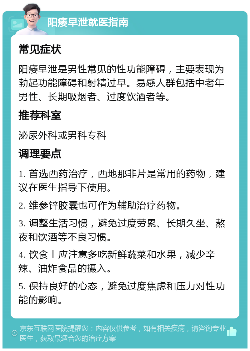 阳痿早泄就医指南 常见症状 阳痿早泄是男性常见的性功能障碍，主要表现为勃起功能障碍和射精过早。易感人群包括中老年男性、长期吸烟者、过度饮酒者等。 推荐科室 泌尿外科或男科专科 调理要点 1. 首选西药治疗，西地那非片是常用的药物，建议在医生指导下使用。 2. 维参锌胶囊也可作为辅助治疗药物。 3. 调整生活习惯，避免过度劳累、长期久坐、熬夜和饮酒等不良习惯。 4. 饮食上应注意多吃新鲜蔬菜和水果，减少辛辣、油炸食品的摄入。 5. 保持良好的心态，避免过度焦虑和压力对性功能的影响。