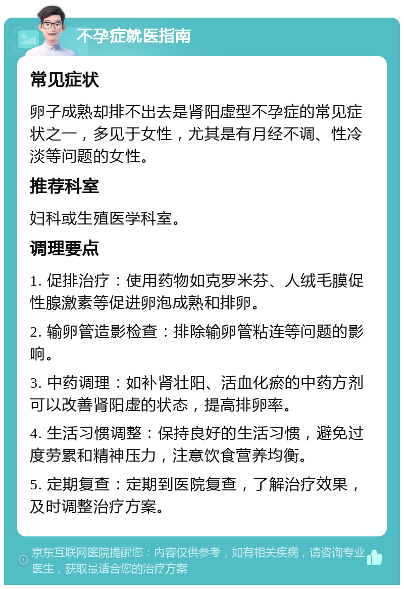 不孕症就医指南 常见症状 卵子成熟却排不出去是肾阳虚型不孕症的常见症状之一，多见于女性，尤其是有月经不调、性冷淡等问题的女性。 推荐科室 妇科或生殖医学科室。 调理要点 1. 促排治疗：使用药物如克罗米芬、人绒毛膜促性腺激素等促进卵泡成熟和排卵。 2. 输卵管造影检查：排除输卵管粘连等问题的影响。 3. 中药调理：如补肾壮阳、活血化瘀的中药方剂可以改善肾阳虚的状态，提高排卵率。 4. 生活习惯调整：保持良好的生活习惯，避免过度劳累和精神压力，注意饮食营养均衡。 5. 定期复查：定期到医院复查，了解治疗效果，及时调整治疗方案。