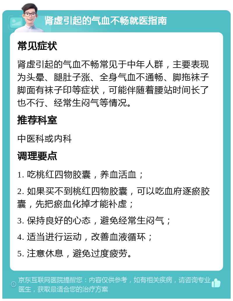 肾虚引起的气血不畅就医指南 常见症状 肾虚引起的气血不畅常见于中年人群，主要表现为头晕、腿肚子涨、全身气血不通畅、脚拖袜子脚面有袜子印等症状，可能伴随着腰站时间长了也不行、经常生闷气等情况。 推荐科室 中医科或内科 调理要点 1. 吃桃红四物胶囊，养血活血； 2. 如果买不到桃红四物胶囊，可以吃血府逐瘀胶囊，先把瘀血化掉才能补虚； 3. 保持良好的心态，避免经常生闷气； 4. 适当进行运动，改善血液循环； 5. 注意休息，避免过度疲劳。