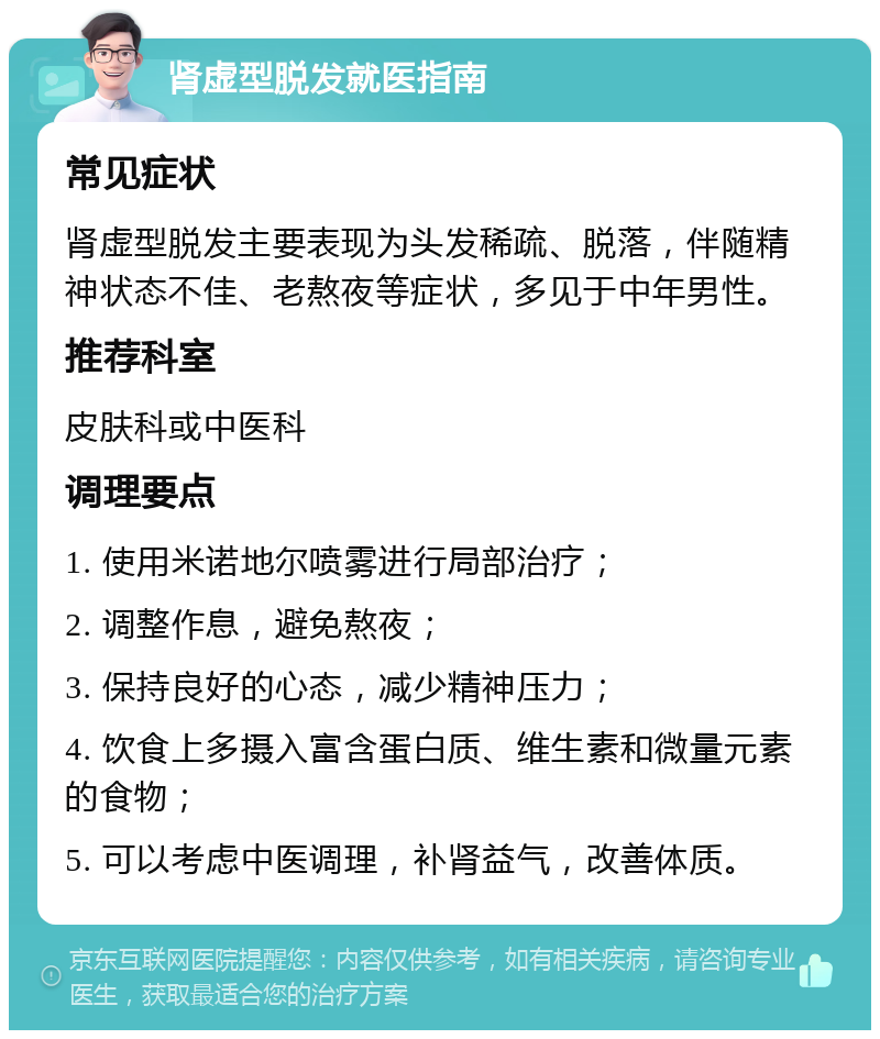 肾虚型脱发就医指南 常见症状 肾虚型脱发主要表现为头发稀疏、脱落，伴随精神状态不佳、老熬夜等症状，多见于中年男性。 推荐科室 皮肤科或中医科 调理要点 1. 使用米诺地尔喷雾进行局部治疗； 2. 调整作息，避免熬夜； 3. 保持良好的心态，减少精神压力； 4. 饮食上多摄入富含蛋白质、维生素和微量元素的食物； 5. 可以考虑中医调理，补肾益气，改善体质。