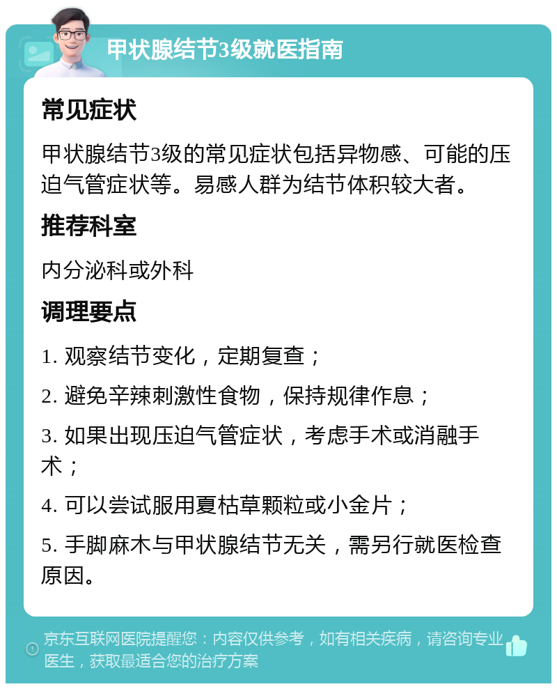 甲状腺结节3级就医指南 常见症状 甲状腺结节3级的常见症状包括异物感、可能的压迫气管症状等。易感人群为结节体积较大者。 推荐科室 内分泌科或外科 调理要点 1. 观察结节变化，定期复查； 2. 避免辛辣刺激性食物，保持规律作息； 3. 如果出现压迫气管症状，考虑手术或消融手术； 4. 可以尝试服用夏枯草颗粒或小金片； 5. 手脚麻木与甲状腺结节无关，需另行就医检查原因。