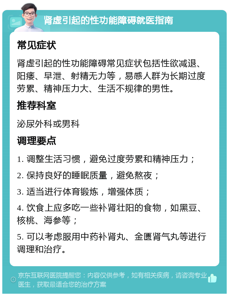 肾虚引起的性功能障碍就医指南 常见症状 肾虚引起的性功能障碍常见症状包括性欲减退、阳痿、早泄、射精无力等，易感人群为长期过度劳累、精神压力大、生活不规律的男性。 推荐科室 泌尿外科或男科 调理要点 1. 调整生活习惯，避免过度劳累和精神压力； 2. 保持良好的睡眠质量，避免熬夜； 3. 适当进行体育锻炼，增强体质； 4. 饮食上应多吃一些补肾壮阳的食物，如黑豆、核桃、海参等； 5. 可以考虑服用中药补肾丸、金匮肾气丸等进行调理和治疗。