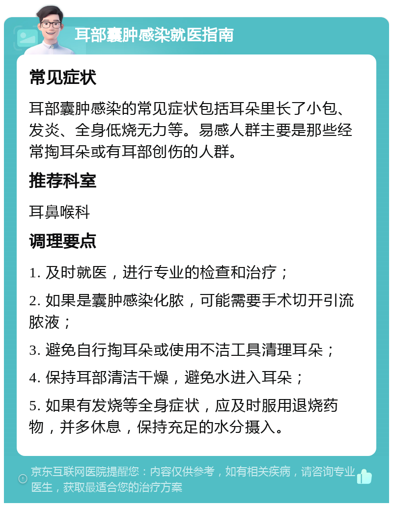 耳部囊肿感染就医指南 常见症状 耳部囊肿感染的常见症状包括耳朵里长了小包、发炎、全身低烧无力等。易感人群主要是那些经常掏耳朵或有耳部创伤的人群。 推荐科室 耳鼻喉科 调理要点 1. 及时就医，进行专业的检查和治疗； 2. 如果是囊肿感染化脓，可能需要手术切开引流脓液； 3. 避免自行掏耳朵或使用不洁工具清理耳朵； 4. 保持耳部清洁干燥，避免水进入耳朵； 5. 如果有发烧等全身症状，应及时服用退烧药物，并多休息，保持充足的水分摄入。