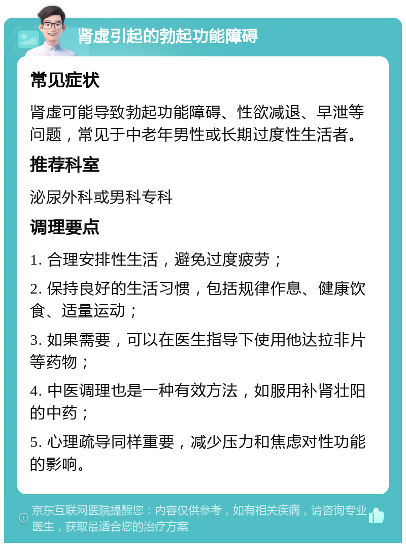 肾虚引起的勃起功能障碍 常见症状 肾虚可能导致勃起功能障碍、性欲减退、早泄等问题，常见于中老年男性或长期过度性生活者。 推荐科室 泌尿外科或男科专科 调理要点 1. 合理安排性生活，避免过度疲劳； 2. 保持良好的生活习惯，包括规律作息、健康饮食、适量运动； 3. 如果需要，可以在医生指导下使用他达拉非片等药物； 4. 中医调理也是一种有效方法，如服用补肾壮阳的中药； 5. 心理疏导同样重要，减少压力和焦虑对性功能的影响。