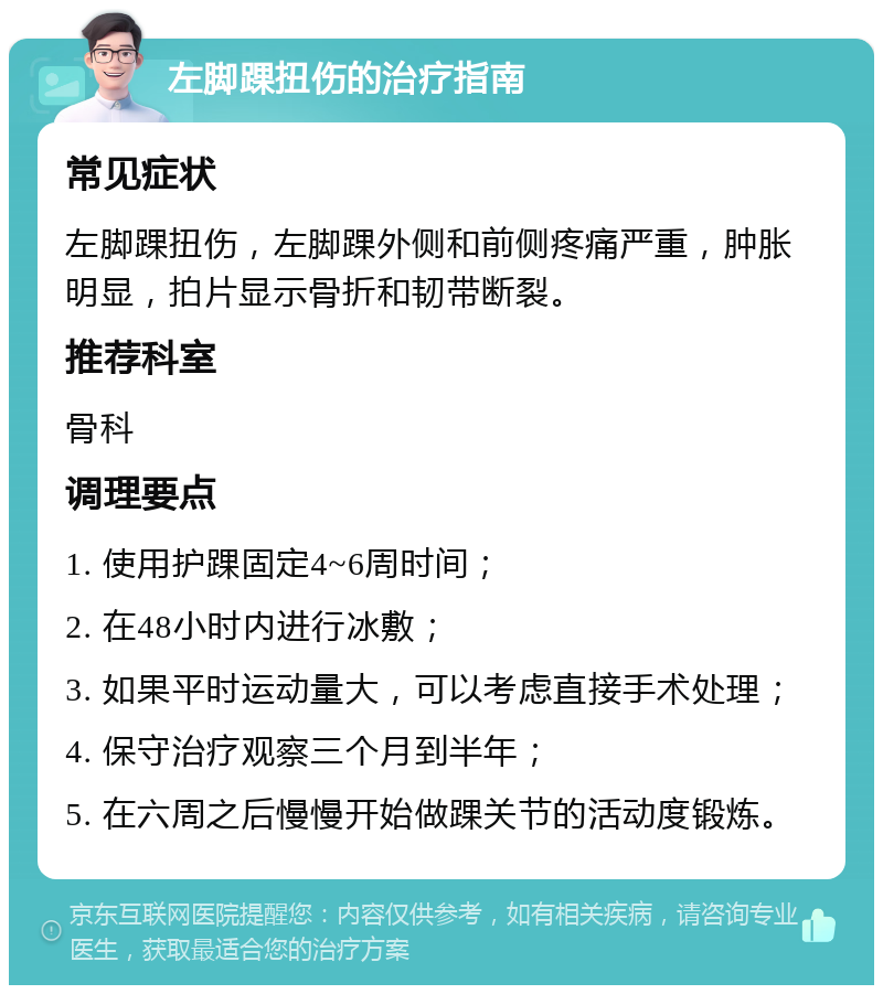 左脚踝扭伤的治疗指南 常见症状 左脚踝扭伤，左脚踝外侧和前侧疼痛严重，肿胀明显，拍片显示骨折和韧带断裂。 推荐科室 骨科 调理要点 1. 使用护踝固定4~6周时间； 2. 在48小时内进行冰敷； 3. 如果平时运动量大，可以考虑直接手术处理； 4. 保守治疗观察三个月到半年； 5. 在六周之后慢慢开始做踝关节的活动度锻炼。