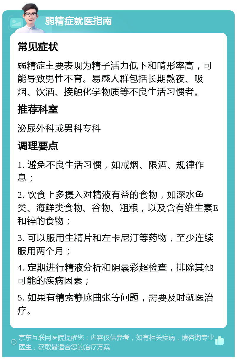 弱精症就医指南 常见症状 弱精症主要表现为精子活力低下和畸形率高，可能导致男性不育。易感人群包括长期熬夜、吸烟、饮酒、接触化学物质等不良生活习惯者。 推荐科室 泌尿外科或男科专科 调理要点 1. 避免不良生活习惯，如戒烟、限酒、规律作息； 2. 饮食上多摄入对精液有益的食物，如深水鱼类、海鲜类食物、谷物、粗粮，以及含有维生素E和锌的食物； 3. 可以服用生精片和左卡尼汀等药物，至少连续服用两个月； 4. 定期进行精液分析和阴囊彩超检查，排除其他可能的疾病因素； 5. 如果有精索静脉曲张等问题，需要及时就医治疗。