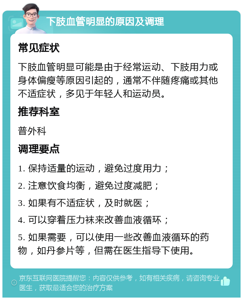 下肢血管明显的原因及调理 常见症状 下肢血管明显可能是由于经常运动、下肢用力或身体偏瘦等原因引起的，通常不伴随疼痛或其他不适症状，多见于年轻人和运动员。 推荐科室 普外科 调理要点 1. 保持适量的运动，避免过度用力； 2. 注意饮食均衡，避免过度减肥； 3. 如果有不适症状，及时就医； 4. 可以穿着压力袜来改善血液循环； 5. 如果需要，可以使用一些改善血液循环的药物，如丹参片等，但需在医生指导下使用。