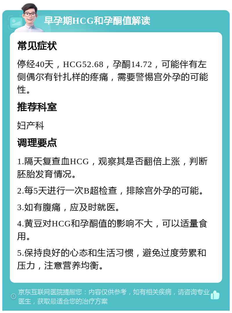 早孕期HCG和孕酮值解读 常见症状 停经40天，HCG52.68，孕酮14.72，可能伴有左侧偶尔有针扎样的疼痛，需要警惕宫外孕的可能性。 推荐科室 妇产科 调理要点 1.隔天复查血HCG，观察其是否翻倍上涨，判断胚胎发育情况。 2.每5天进行一次B超检查，排除宫外孕的可能。 3.如有腹痛，应及时就医。 4.黄豆对HCG和孕酮值的影响不大，可以适量食用。 5.保持良好的心态和生活习惯，避免过度劳累和压力，注意营养均衡。