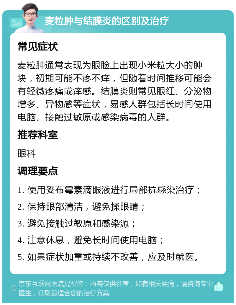 麦粒肿与结膜炎的区别及治疗 常见症状 麦粒肿通常表现为眼睑上出现小米粒大小的肿块，初期可能不疼不痒，但随着时间推移可能会有轻微疼痛或痒感。结膜炎则常见眼红、分泌物增多、异物感等症状，易感人群包括长时间使用电脑、接触过敏原或感染病毒的人群。 推荐科室 眼科 调理要点 1. 使用妥布霉素滴眼液进行局部抗感染治疗； 2. 保持眼部清洁，避免揉眼睛； 3. 避免接触过敏原和感染源； 4. 注意休息，避免长时间使用电脑； 5. 如果症状加重或持续不改善，应及时就医。