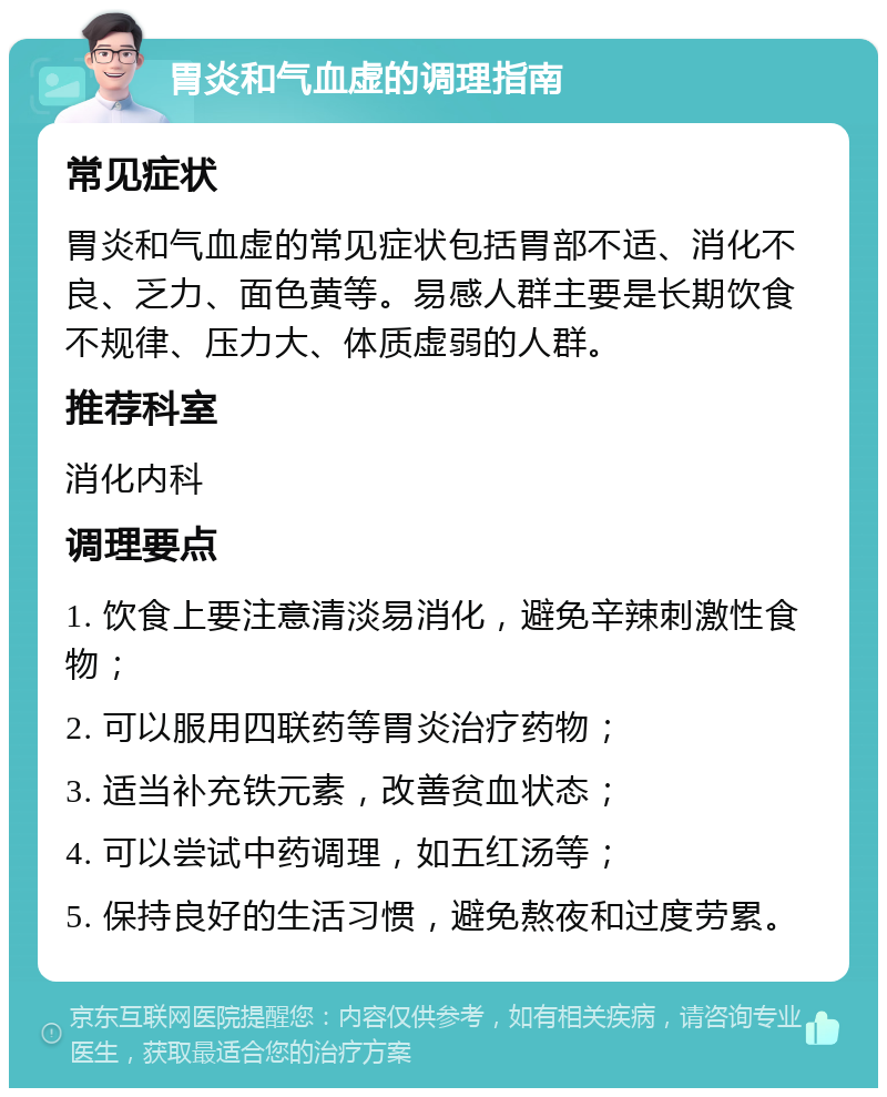 胃炎和气血虚的调理指南 常见症状 胃炎和气血虚的常见症状包括胃部不适、消化不良、乏力、面色黄等。易感人群主要是长期饮食不规律、压力大、体质虚弱的人群。 推荐科室 消化内科 调理要点 1. 饮食上要注意清淡易消化，避免辛辣刺激性食物； 2. 可以服用四联药等胃炎治疗药物； 3. 适当补充铁元素，改善贫血状态； 4. 可以尝试中药调理，如五红汤等； 5. 保持良好的生活习惯，避免熬夜和过度劳累。