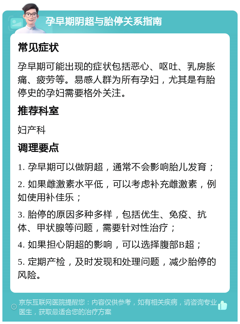 孕早期阴超与胎停关系指南 常见症状 孕早期可能出现的症状包括恶心、呕吐、乳房胀痛、疲劳等。易感人群为所有孕妇，尤其是有胎停史的孕妇需要格外关注。 推荐科室 妇产科 调理要点 1. 孕早期可以做阴超，通常不会影响胎儿发育； 2. 如果雌激素水平低，可以考虑补充雌激素，例如使用补佳乐； 3. 胎停的原因多种多样，包括优生、免疫、抗体、甲状腺等问题，需要针对性治疗； 4. 如果担心阴超的影响，可以选择腹部B超； 5. 定期产检，及时发现和处理问题，减少胎停的风险。