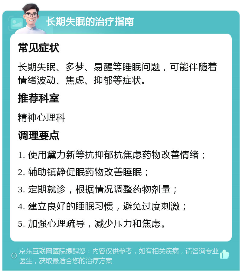 长期失眠的治疗指南 常见症状 长期失眠、多梦、易醒等睡眠问题，可能伴随着情绪波动、焦虑、抑郁等症状。 推荐科室 精神心理科 调理要点 1. 使用黛力新等抗抑郁抗焦虑药物改善情绪； 2. 辅助镇静促眠药物改善睡眠； 3. 定期就诊，根据情况调整药物剂量； 4. 建立良好的睡眠习惯，避免过度刺激； 5. 加强心理疏导，减少压力和焦虑。