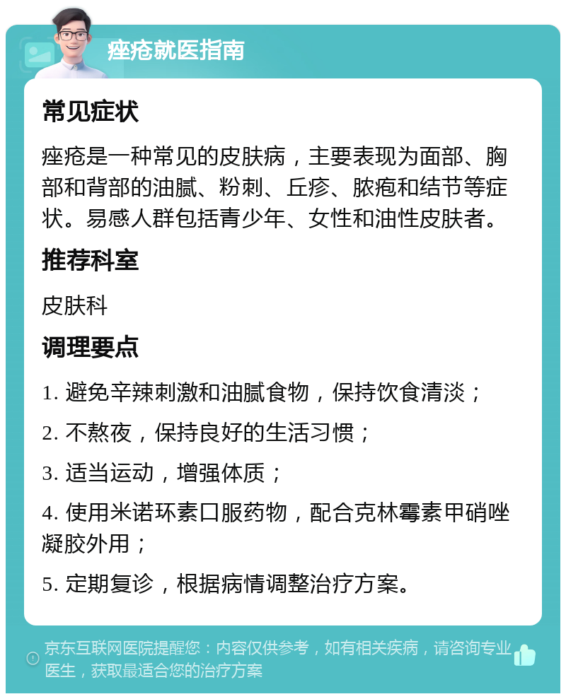 痤疮就医指南 常见症状 痤疮是一种常见的皮肤病，主要表现为面部、胸部和背部的油腻、粉刺、丘疹、脓疱和结节等症状。易感人群包括青少年、女性和油性皮肤者。 推荐科室 皮肤科 调理要点 1. 避免辛辣刺激和油腻食物，保持饮食清淡； 2. 不熬夜，保持良好的生活习惯； 3. 适当运动，增强体质； 4. 使用米诺环素口服药物，配合克林霉素甲硝唑凝胶外用； 5. 定期复诊，根据病情调整治疗方案。