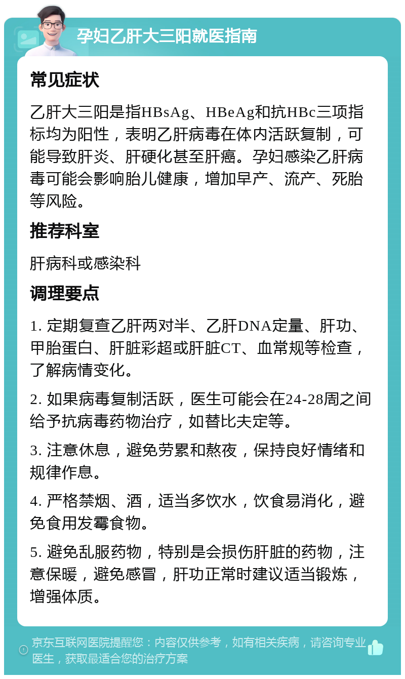 孕妇乙肝大三阳就医指南 常见症状 乙肝大三阳是指HBsAg、HBeAg和抗HBc三项指标均为阳性，表明乙肝病毒在体内活跃复制，可能导致肝炎、肝硬化甚至肝癌。孕妇感染乙肝病毒可能会影响胎儿健康，增加早产、流产、死胎等风险。 推荐科室 肝病科或感染科 调理要点 1. 定期复查乙肝两对半、乙肝DNA定量、肝功、甲胎蛋白、肝脏彩超或肝脏CT、血常规等检查，了解病情变化。 2. 如果病毒复制活跃，医生可能会在24-28周之间给予抗病毒药物治疗，如替比夫定等。 3. 注意休息，避免劳累和熬夜，保持良好情绪和规律作息。 4. 严格禁烟、酒，适当多饮水，饮食易消化，避免食用发霉食物。 5. 避免乱服药物，特别是会损伤肝脏的药物，注意保暖，避免感冒，肝功正常时建议适当锻炼，增强体质。