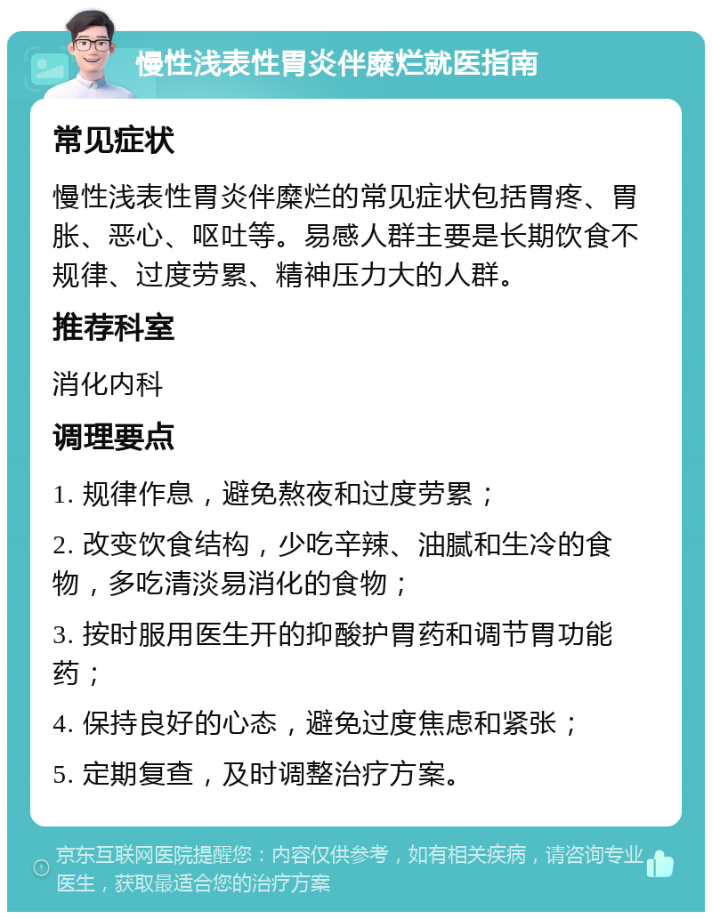 慢性浅表性胃炎伴糜烂就医指南 常见症状 慢性浅表性胃炎伴糜烂的常见症状包括胃疼、胃胀、恶心、呕吐等。易感人群主要是长期饮食不规律、过度劳累、精神压力大的人群。 推荐科室 消化内科 调理要点 1. 规律作息，避免熬夜和过度劳累； 2. 改变饮食结构，少吃辛辣、油腻和生冷的食物，多吃清淡易消化的食物； 3. 按时服用医生开的抑酸护胃药和调节胃功能药； 4. 保持良好的心态，避免过度焦虑和紧张； 5. 定期复查，及时调整治疗方案。