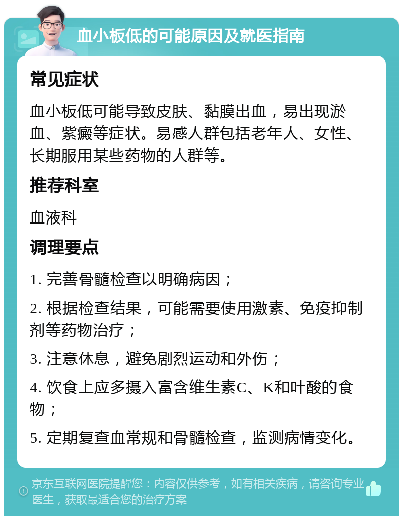 血小板低的可能原因及就医指南 常见症状 血小板低可能导致皮肤、黏膜出血，易出现淤血、紫癜等症状。易感人群包括老年人、女性、长期服用某些药物的人群等。 推荐科室 血液科 调理要点 1. 完善骨髓检查以明确病因； 2. 根据检查结果，可能需要使用激素、免疫抑制剂等药物治疗； 3. 注意休息，避免剧烈运动和外伤； 4. 饮食上应多摄入富含维生素C、K和叶酸的食物； 5. 定期复查血常规和骨髓检查，监测病情变化。